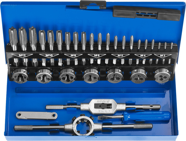 32 предмета, набор метчиков комплектных и плашек, сталь Р6М5 ЗУБР