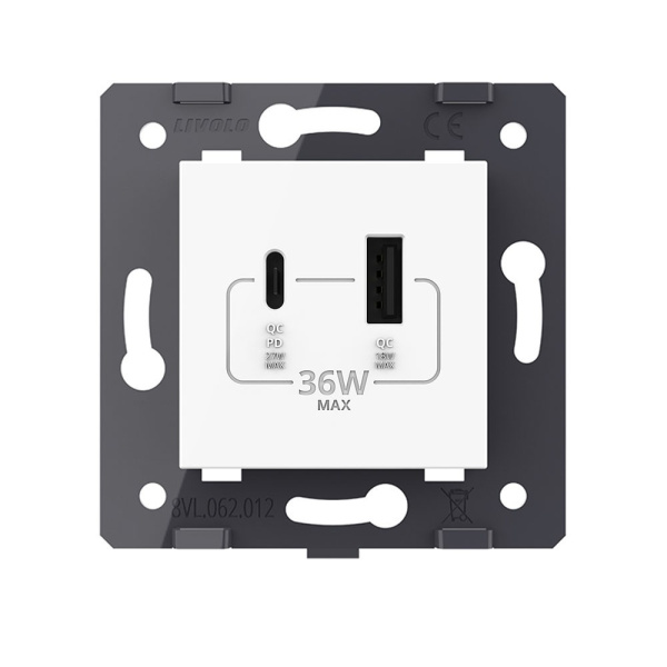 Розетка USB type C+A с блоком питания 36W, цвет белый (механизм) Livolo