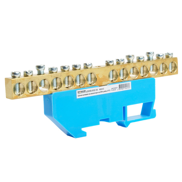 Шина "N" на изоляторе STEKKER 8*12 на DIN-рейку 14 выводов, синий, LD555-812-14