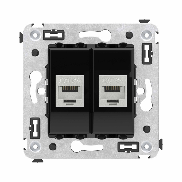 Компьютерная розетка RJ-45 без шторки в стену, кат.6А двойная экранированная, "Avanti", "Черный квадрат" DKC
