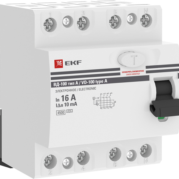 Устройство защитного отключения УЗО ВД-100 4П 16А/10мА (эл-мех, тип А) PROxima EKF