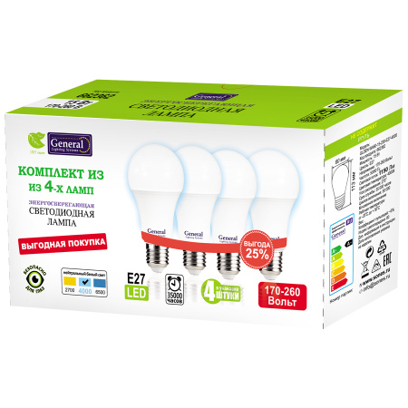 GLDEN-WA60-15-230-E27-4000 1/10/100 Упаковка 4 шт General