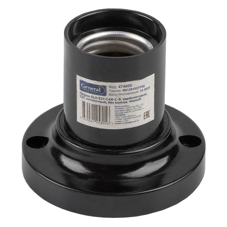 Патрон GLH-E27-CAR-C-B, карболитовый, Е27, потолочный, без кольца, черный, 1/20/400 General