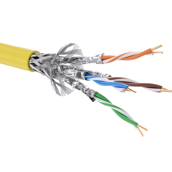 Кабель витая пара кат. 7 экранированный, S/FTP, 4 пары, нг(А)-LSLTx, цвет внешней оболочки желтый, катушка 500 м DKC