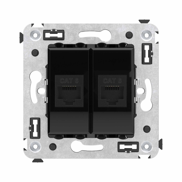 Компьютерная розетка RJ-45 без шторки в стену, кат.6 двойная, "Avanti", "Черный квадрат" DKC