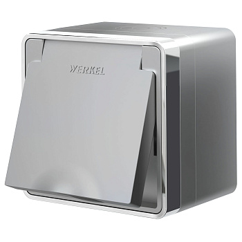 Розетка влагозащ. с зазем. с защит. крышкой и шторками (серебряный) Gallant ОУ IP44 Werkel