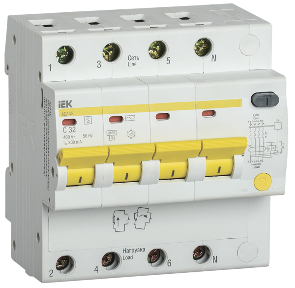 Дифференциальный автоматический выключатель АД14S 4П 32А 300мА IEK