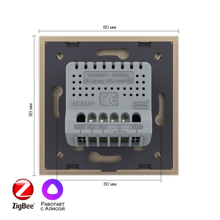 Двухклавишный умный сенсорный выключатель Livolo ZigBee, 1 пост, Золотой VL-C702Z-2AG