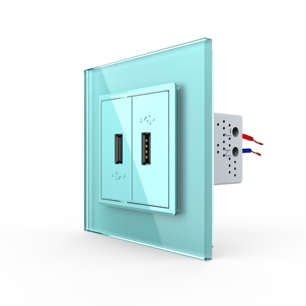 Розетка USB с блоком 5В 2.1А двойная Зеленая Livolo