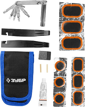 Набор "ЭКСПЕРТ для обслуживания велосипеда: складной мультитул 11-в-1,комплект для ремонта шин,16-в-1,в чехле ЗУБР