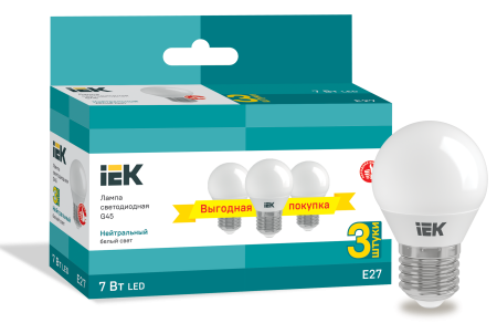 Лампа светодиодная G45 шар 7Вт 230В 4000К E27 (3шт/упак) IEK