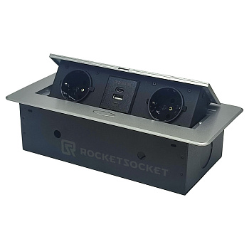 Розетка горизонтальная выдвижная 2 Euro 16A, USB type A+C с блоком 18W RocketSocket, цвет серый
