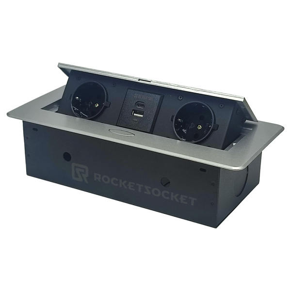 Розетка горизонтальная выдвижная 2 Euro 16A, USB type A+C с блоком 18W RocketSocket, цвет серый
