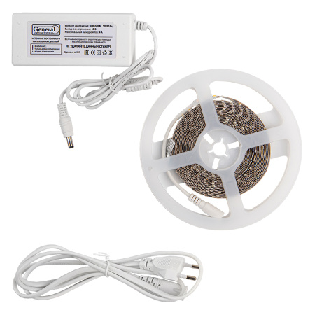 Лента светодиодная теплый белый GLS-2835-120-9.6-12-IP20-PRO-3-5-KIT готовый комплект 5м с адаптером General