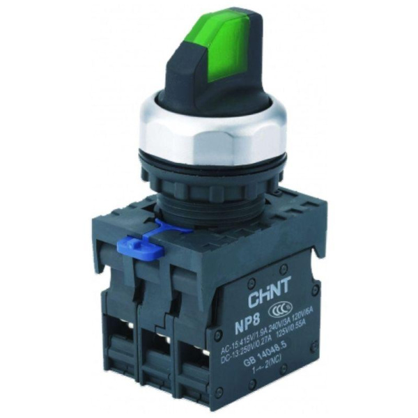 Переключатель без подсветки NP8-11X/213, 2 положения фиксацией, зеленый, 1НО+1НЗ, IP65 (R) CHINT