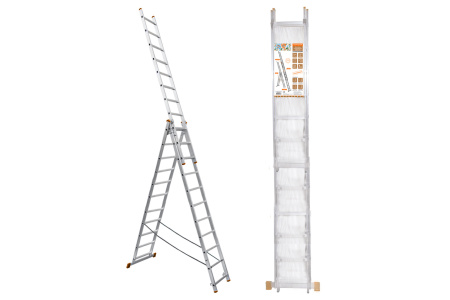 Лестница алюминиевая, ЛА3х12, 3х секционная х 12 ступеней, h=7870 мм, Народная TDM