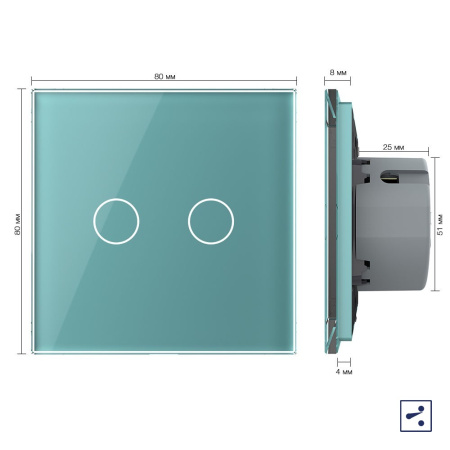 Сенсорный проходной выключатель 2 клавиши 1 пост Зеленый Livolo