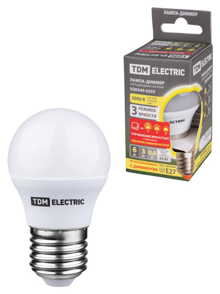 Лампа светодиодная FG45-6 Вт-230 В-3000 К–E27 3 режима яркости "Лампа-ДИММЕР" TDM