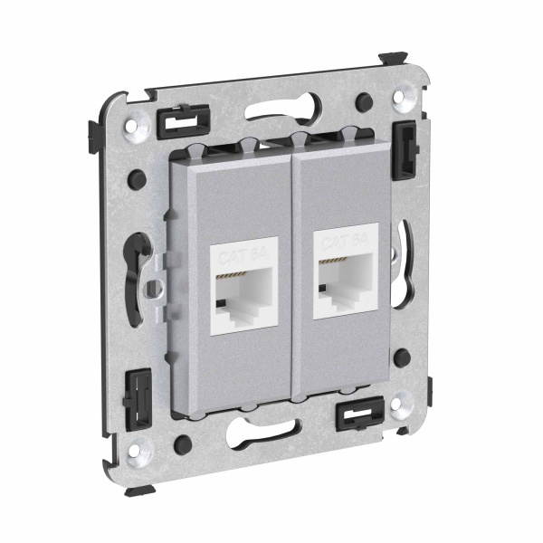 Компьютерная розетка RJ-45 без шторки в стену, кат.6А двойная, "Avanti", "Закаленная сталь" DKC
