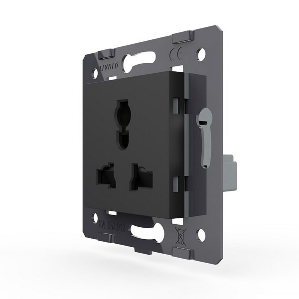 Розетка универсальная с з/з с защитными шторками 16A, цвет черный (механизм) Livolo