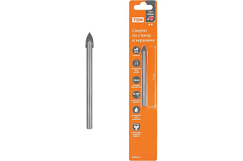 Сверло по стеклу и керамике 6×75 мм, 2 реж., лезвия, цилиндр. хв., блистер 1 шт, "Рубин" TDM