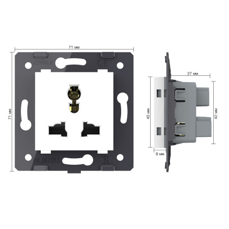 Розетка универсальная с з/з с защитными шторками 16A, цвет белый (механизм) Livolo
