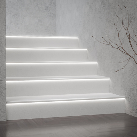 08-65 Профиль алюминиевый для подсветки ступеней под светодиодную ленту, анодированный, 64х27,5мм, 2м, ширина ленты до 12мм, индивидуальная упаковка (