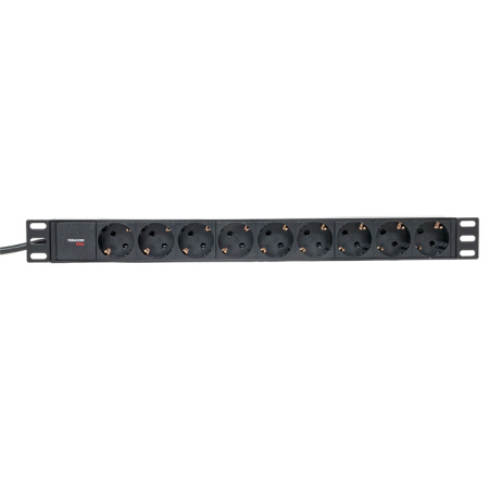 Блок розеток PDU TERACOM PRO 19" 1U 16А/250В 9 розеток Schuko шнур питания длиной 2 метра сечение 3x1,5 мм2 вилка Schuko корпус пластик черный EKF