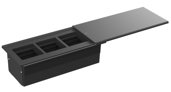 Donel Настольный встраиваемый розеточный блок, сдвижная крышка, 6 мод. (3 мод. 45х45), черный