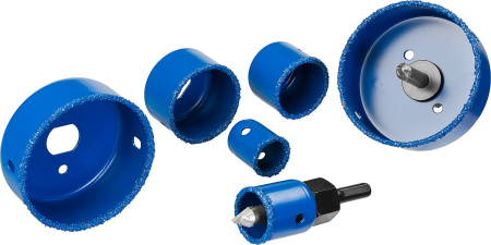 Набор коронок-чашек "Профессионал" c карбид-вольфрамовым нанесением, 6 коронок-чашек d 22, 28, 35, 44, 68, 73 мм, 2 державки со сверлами, ключ ЗУБР