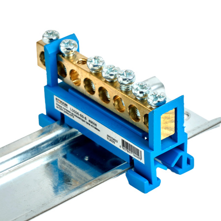 Шина "N" на изоляторе STEKKER 6*9 тип "стойка" на DIN-рейку 8 выводов, синий, LD556-69-8