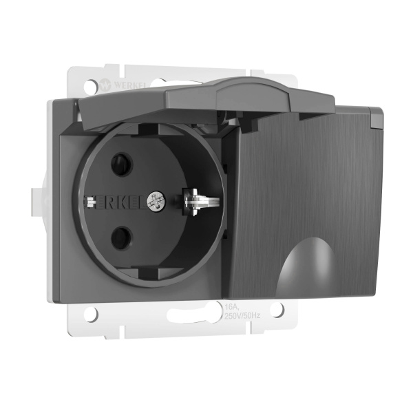 Розетка двойная влагозащ. с зазем. с защит. крышками и шторками (графит рифленый) СУ IP44 Werkel