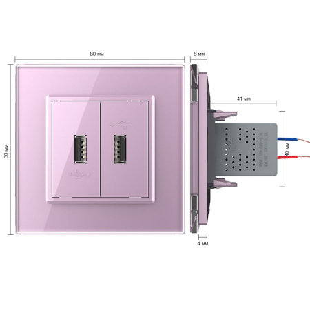 Розетка USB с блоком 5В 2.1А двойная Розовая Livolo