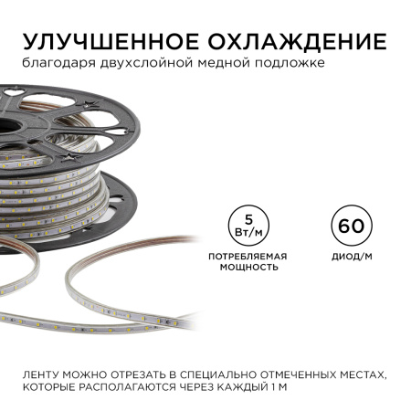 O17-03 Светодиодная лента 220В, 5Вт/м, smd2835, 60д/м, IP65, 300лм/м, размер 10х7мм, 50м, х/б, 6500К APEYRON