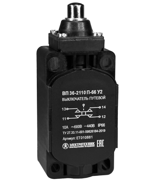 Выключатель путевой ВП 36-2110П-66 У2, толкатель, 1з+1р, безинерционный, 30х60 мм, без сальника, 3А, IP66 Электротехник