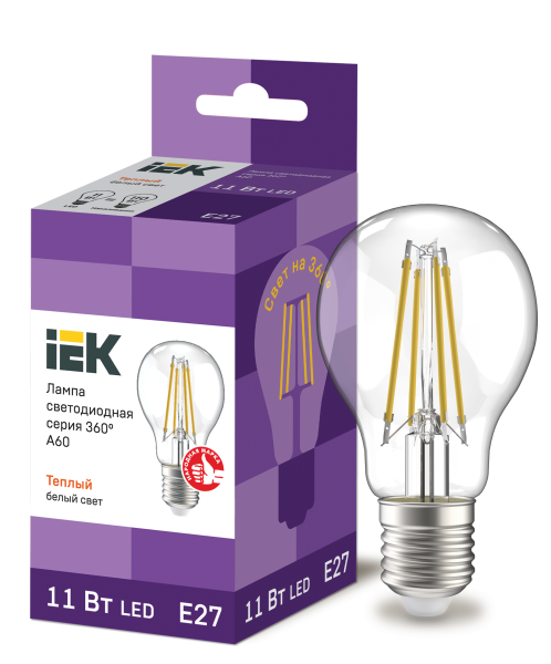 Лампа светодиодная A60 шар прозрачная 11Вт 230В 3000К E27 серия 360° IEK
