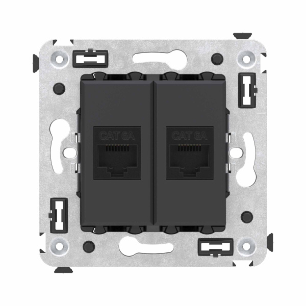 Компьютерная розетка RJ-45 без шторки в стену, кат.6А двойная, "Avanti", "Черный матовый" DKC