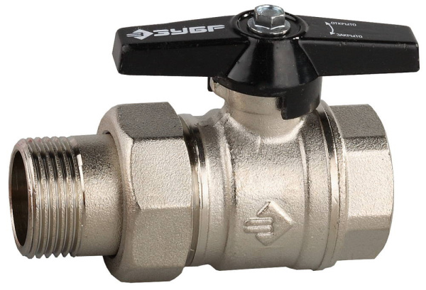 Кран шаровой полнопроходной с накидной гайкой "мама-папа", бабочка, никелированная латунь, 1" ЗУБР