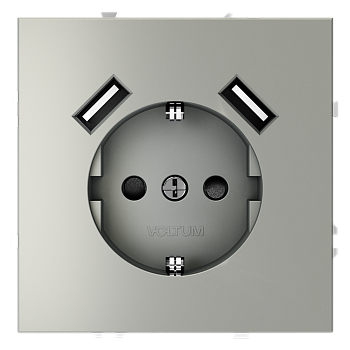 Розетка встраиваемая Voltum S70 с заземлением и защитными шторками, 16А, с USB, A+A, (сталь)