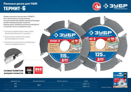 Термит-6 125х22,2мм, 6 резцов, диск пильный по дереву для УШМ, усиленный ЗУБР