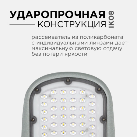 29-02 Светильник светодиодный, уличный, консольный 50Вт, 230/50Гц, 5500лм, 5000К, IP65, КСС "Ш", 420*200*70мм, Ф50мм, серый Apeyron