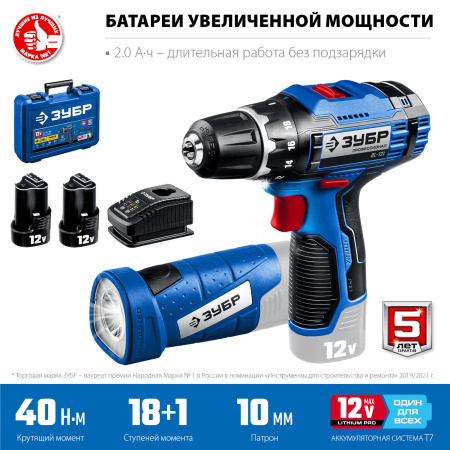 12В + LED фонарь, 2 АКБ (2Ач), в кейсе, дрель-шуруповерт, Профессионал. DL-121-22F ЗУБР