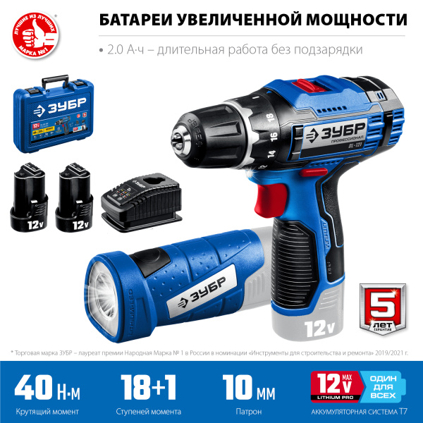 12В + LED фонарь, 2 АКБ (2Ач), в кейсе, дрель-шуруповерт, Профессионал. DL-121-22F ЗУБР