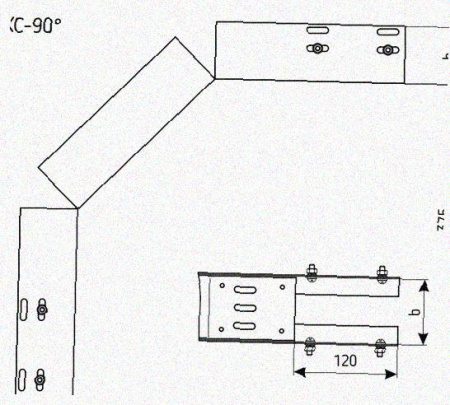 Лоток перфорированный КС 50х50-90 УТ1,5 для поворота трассы вниз на 90, оцинкованный лист S1,0
