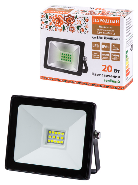 Прожектор светодиодный СДО-04-020Н-З (зелёный свет) 20 Вт, IP65, черный, Народный TDM