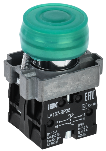 Кнопка управления LA167-BP35 d=22мм 1з+1р зеленая IEK