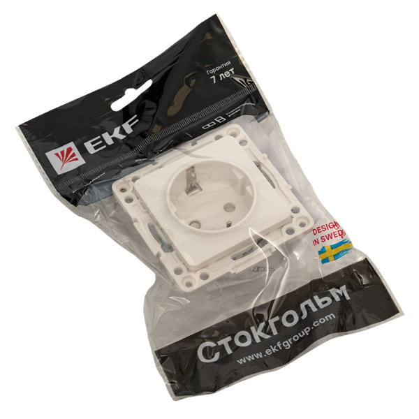 Стокгольм Механизм Розетки 1-местной с/з 16А в/к белый с защ, штор, EKF