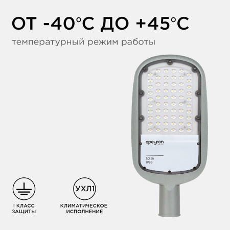 29-02 Светильник светодиодный, уличный, консольный 50Вт, 230/50Гц, 5500лм, 5000К, IP65, КСС "Ш", 420*200*70мм, Ф50мм, серый Apeyron