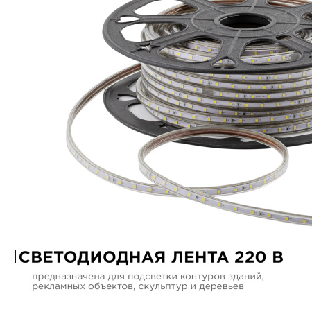 O17-03 Светодиодная лента 220В, 5Вт/м, smd2835, 60д/м, IP65, 300лм/м, размер 10х7мм, 50м, х/б, 6500К APEYRON