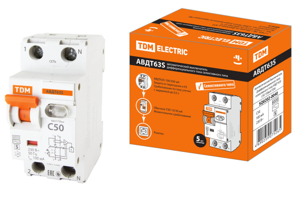 Дифференциальный автоматический выключатель АВДТ 63S 2П (1П+N) 50А С 100мА 6кА тип АС TDM
